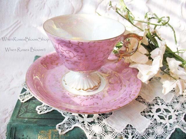 Vintage Tea Cup Footed Pink Pearl Gold  MOP Japan Mid Century Tea Gift Victoria Downton Abbey Cottage Shabby Chic Tea WhenRosesBloom