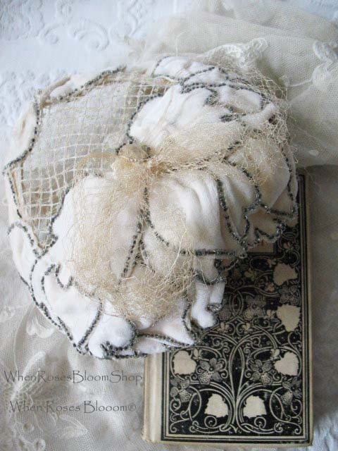 Vintage Hat 1920s Wedding  Bridal Headpiece Tea Wedding Veil Eggshell Toque White/ Silver Beads Flapper  Gatsby Art Deco WhenRosesBloom