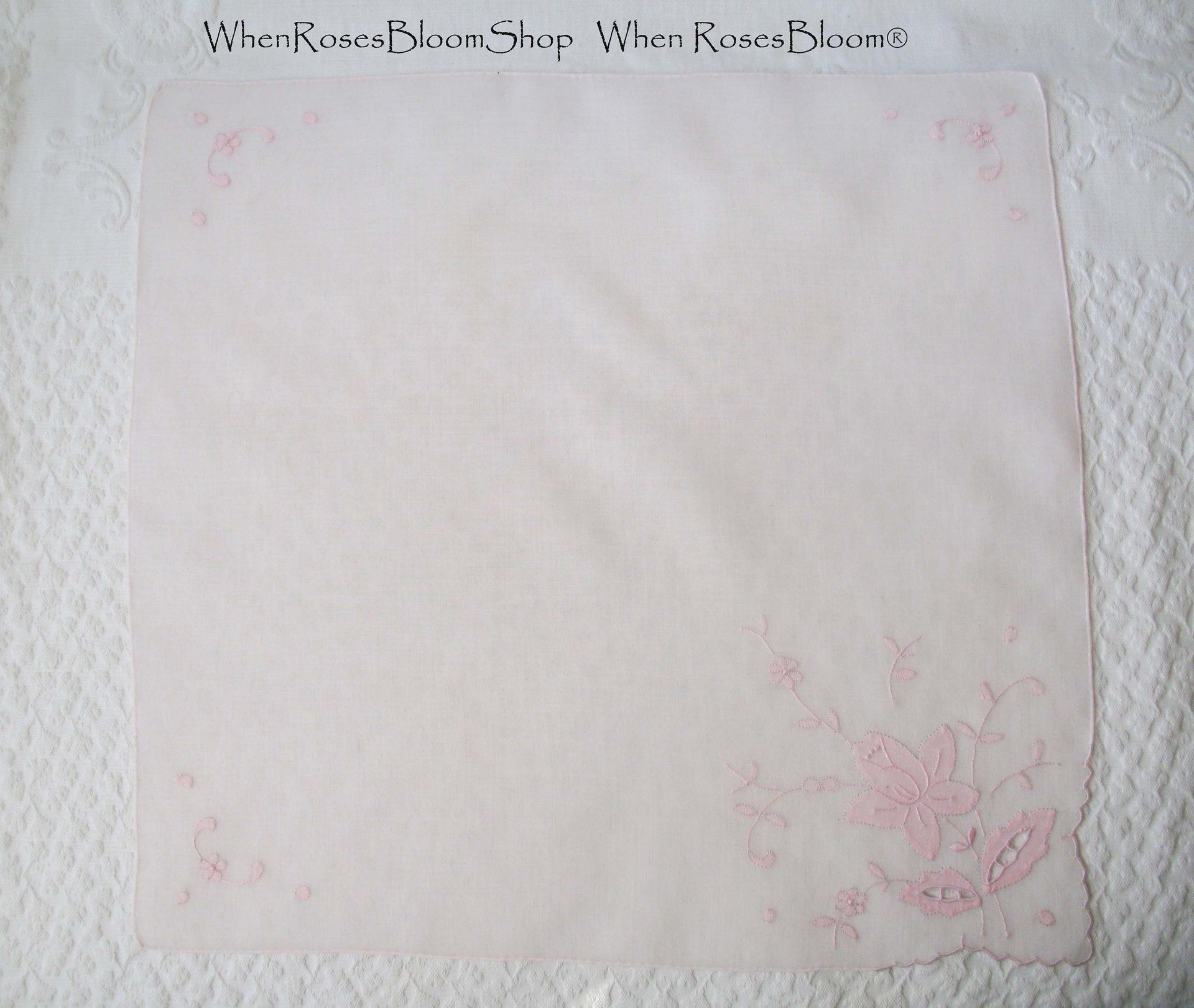 Vintage Pink Hanky Madeira Floral Wedding Keepsake Remembrance Heirloom Embroidery Applique Linen Free Ship  US  WhenRosesBloom