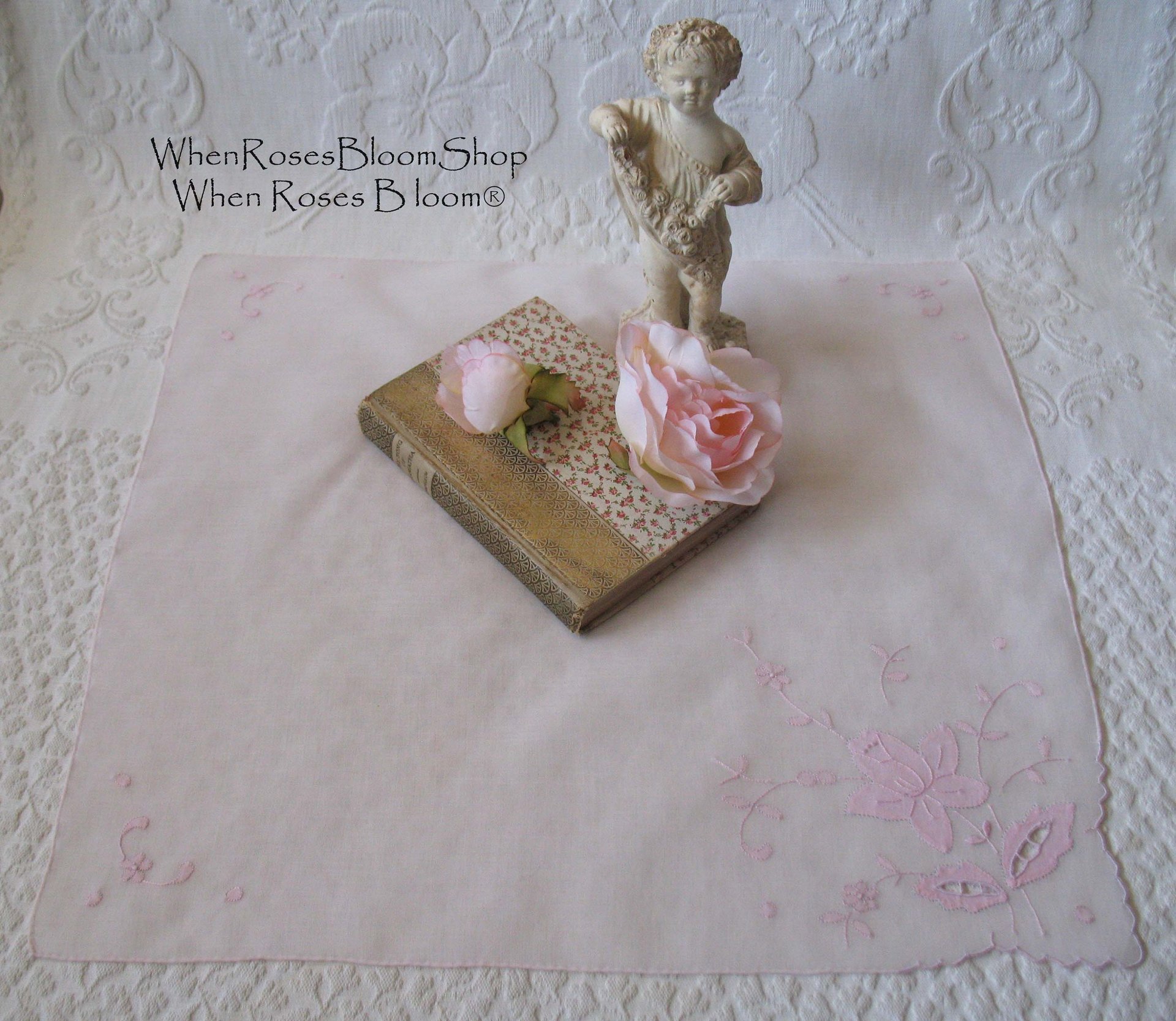 Vintage Pink Hanky Madeira Floral Wedding Keepsake Remembrance Heirloom Embroidery Applique Linen Free Ship  US  WhenRosesBloom