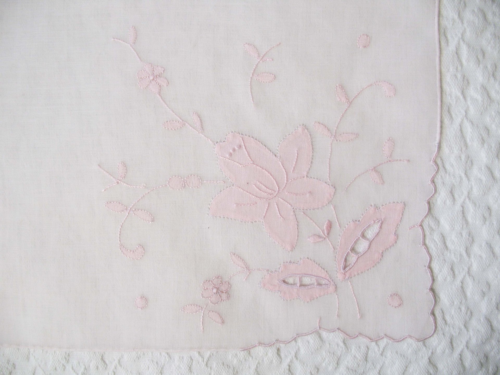 Vintage Pink Hanky Madeira Floral Wedding Keepsake Remembrance Heirloom Embroidery Applique Linen Free Ship  US  WhenRosesBloom
