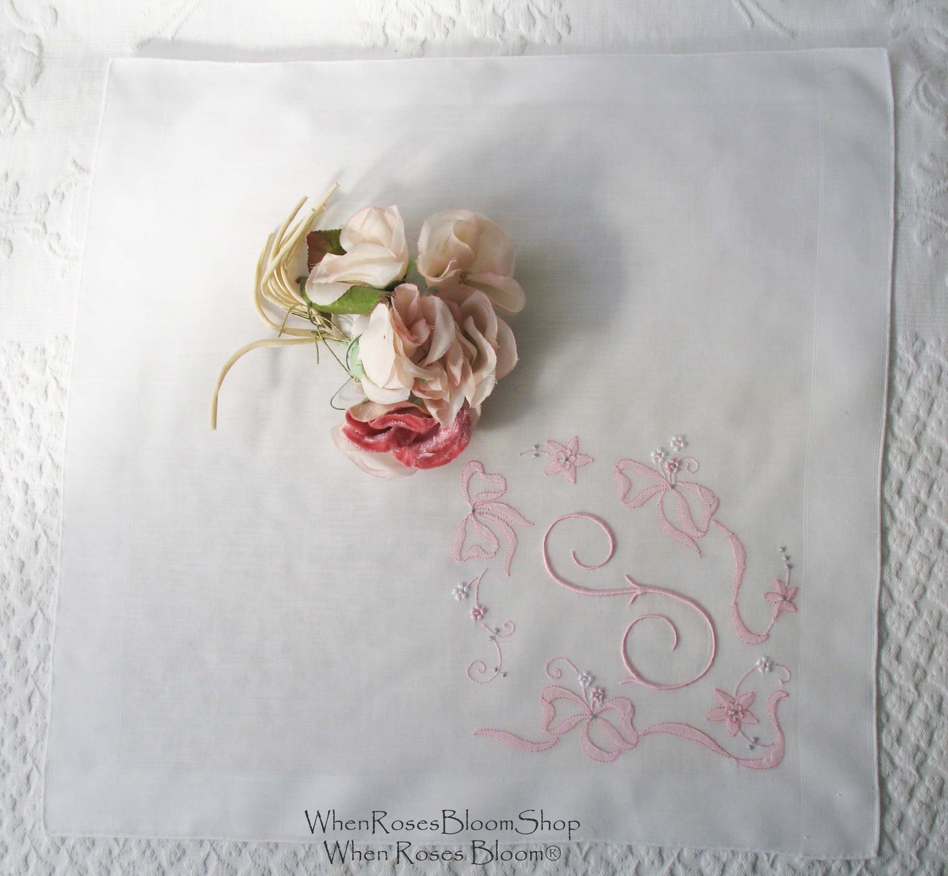 Vintage Hanky S Initial Monogram Pink Wedding Keepsake Remembrance Heirloom Madeira Embroidery Handkerchief Free Ship  US  WhenRosesBloom