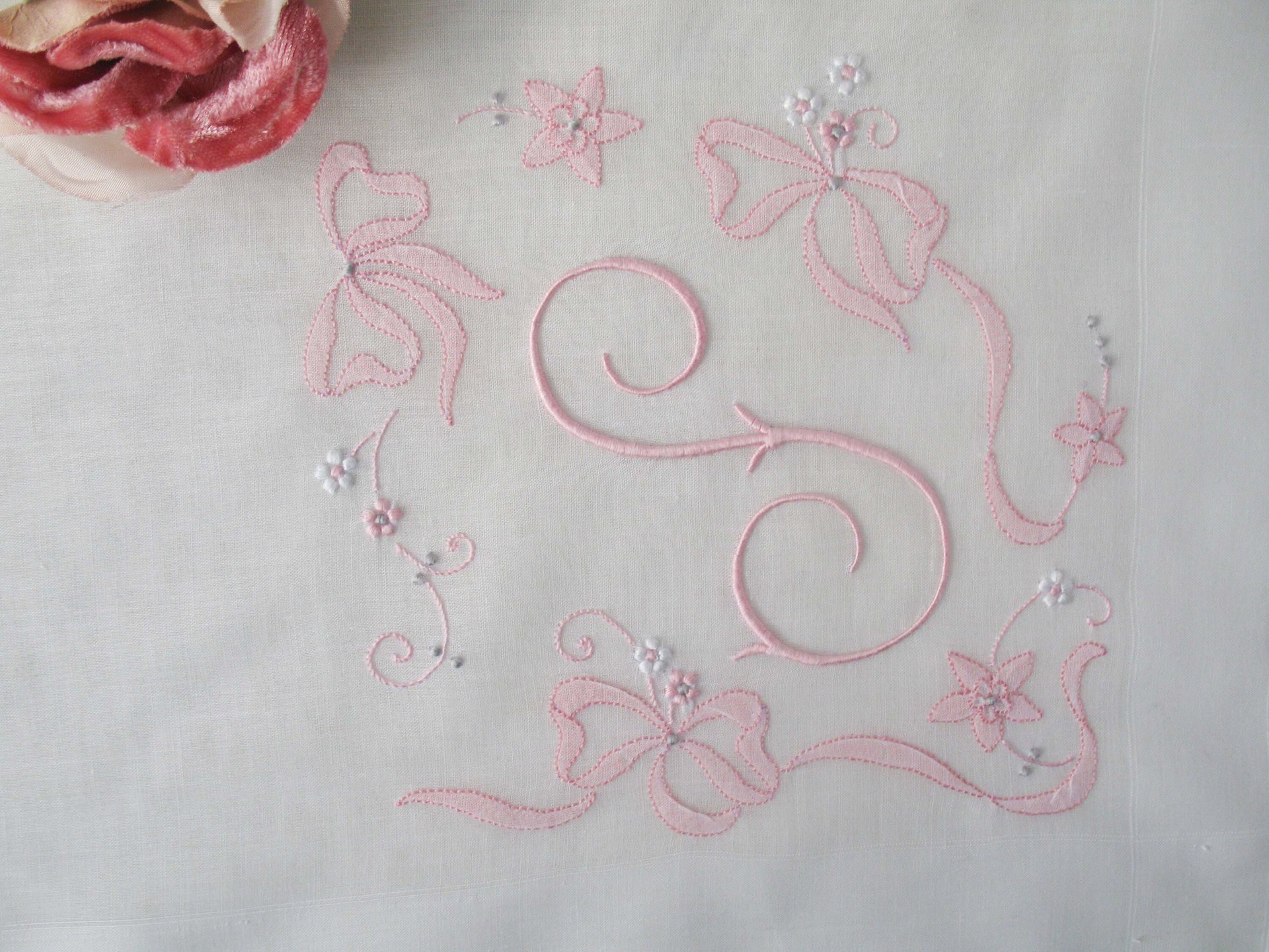 Vintage Hanky S Initial Monogram Pink Wedding Keepsake Remembrance Heirloom Madeira Embroidery Handkerchief Free Ship  US  WhenRosesBloom