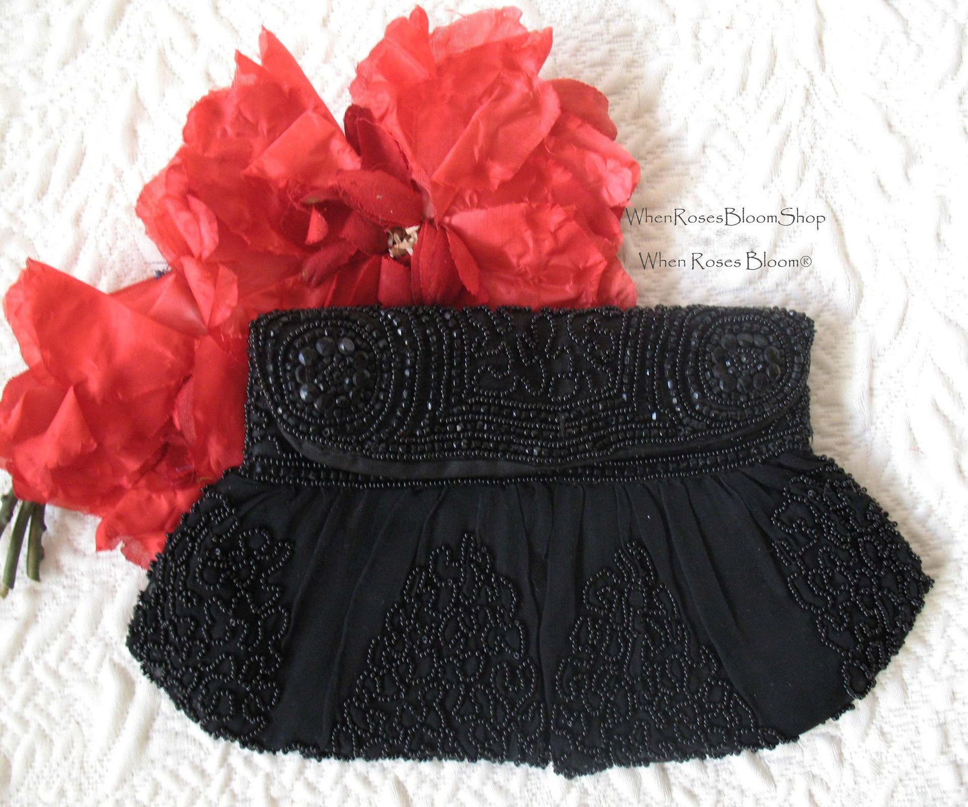Vintage Black Beaded Purse Evening Bag Mid Century Retro Classic Glamour Dance Cocktail Party Steampunk Mid Century Cosplay WhenRosesBloom