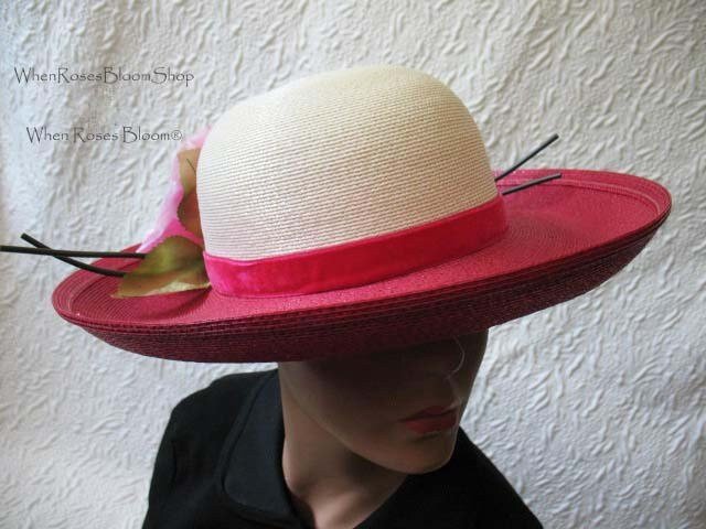 Vintage Hat Roses Pink White Garden Party Downton Abbey Classic Tea Party Wedding Elegant Straw Kentucky Derby Hat New York WhenRosesBloom