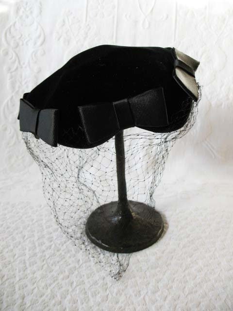 Vintage Black Hat with bows  Harzfeld's 1950s Elegant  Juliet Cap Mid Century Tea Party Hollywood Glamour Steampunk WhenRosesBloom