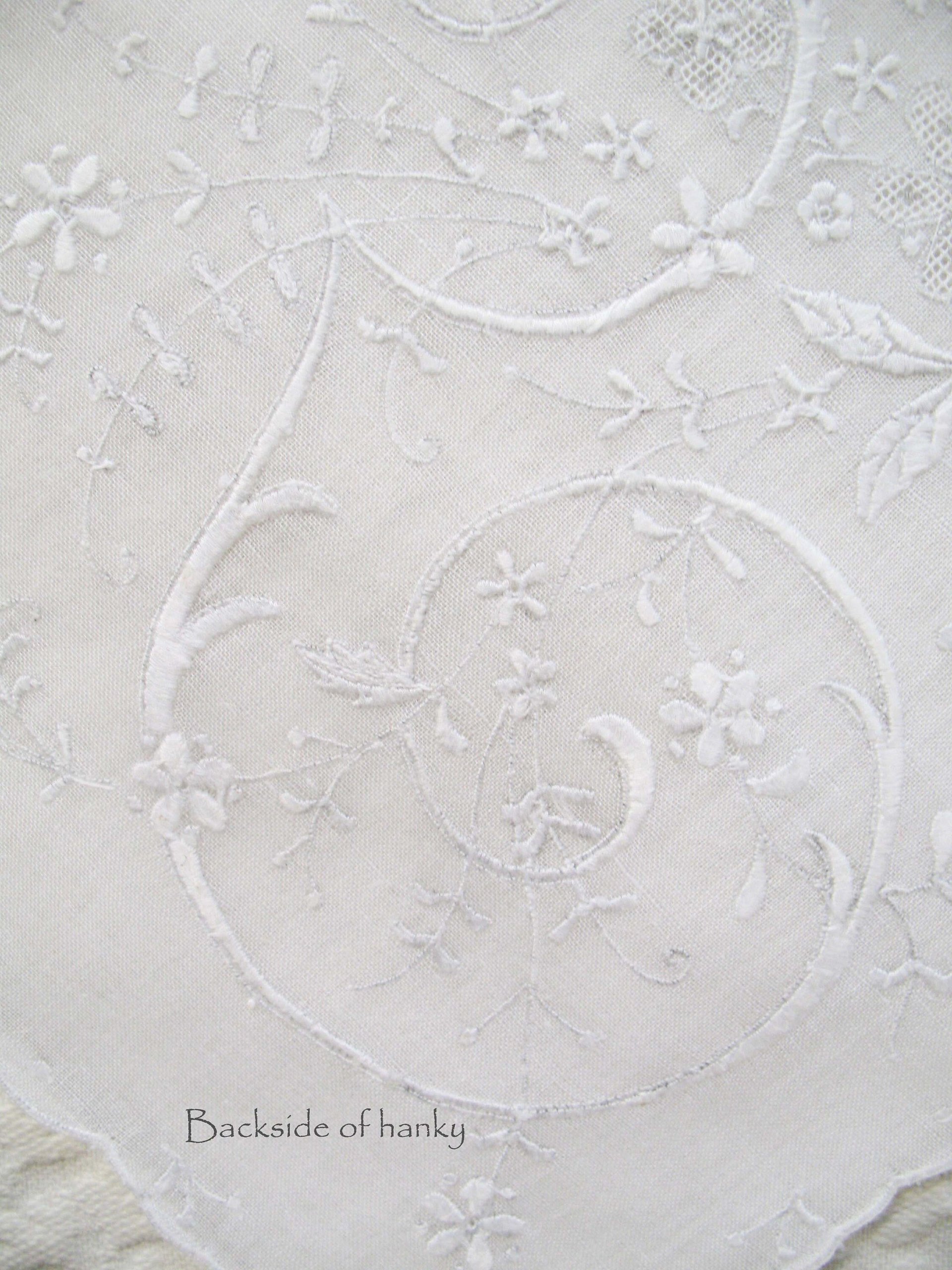 Vintage White Hanky G Initial Monogram Madeira Embroidery Wedding Keepsake Remembrance Heirloom  Handkerchief  Free Ship  US  WhenRosesBloom