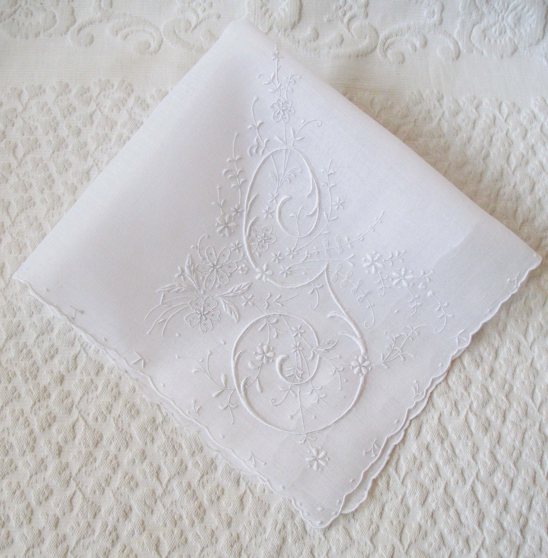 Vintage White Hanky G Initial Monogram Madeira Embroidery Wedding Keepsake Remembrance Heirloom  Handkerchief  Free Ship  US  WhenRosesBloom