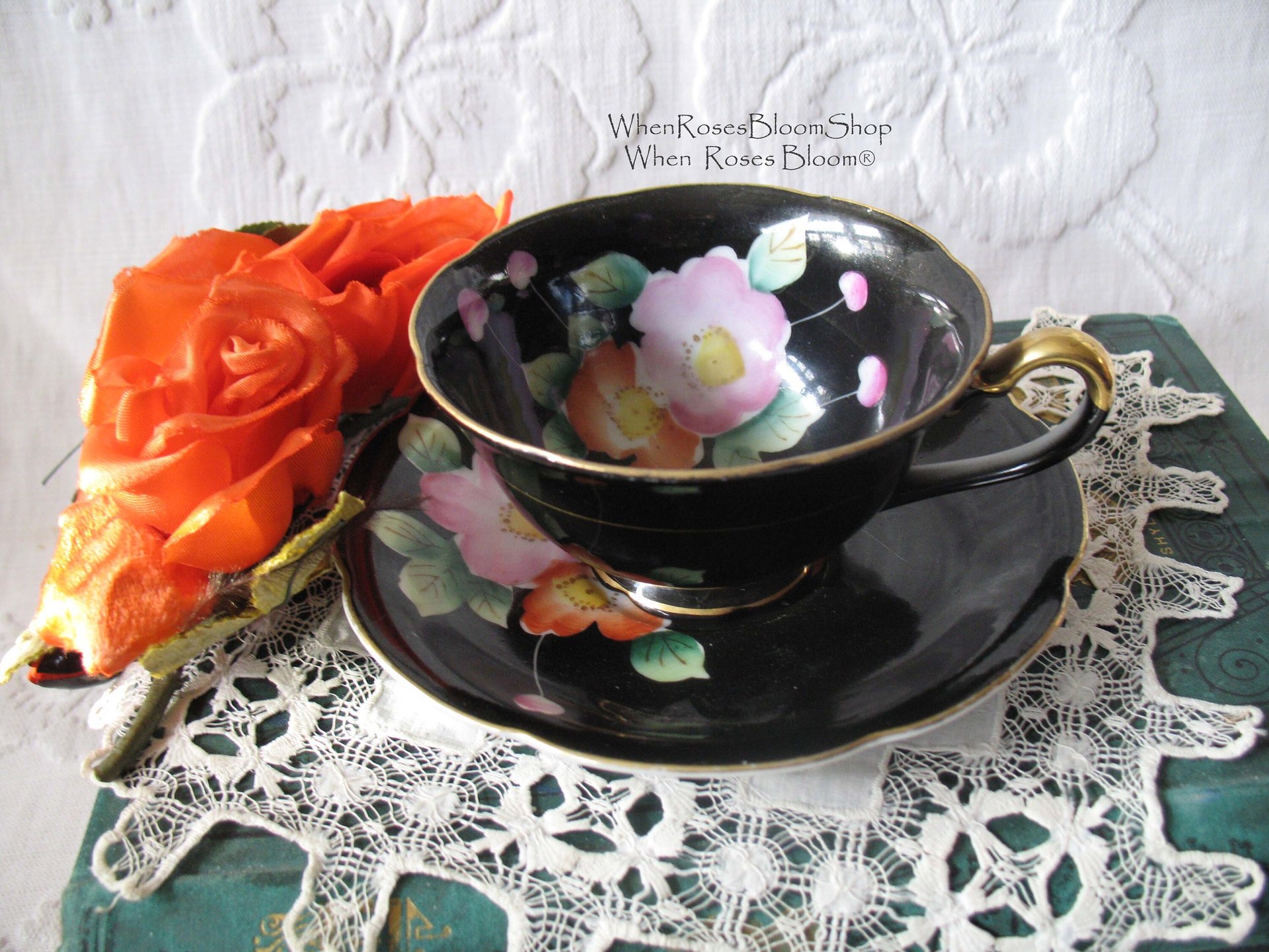 Vintage Tea Cup Black Floral Bird Motif  Made in Japan Tea Time Gift Cottage Shabby Chic  Downton Austen Steampunk Cosplay WhenRosesBloom