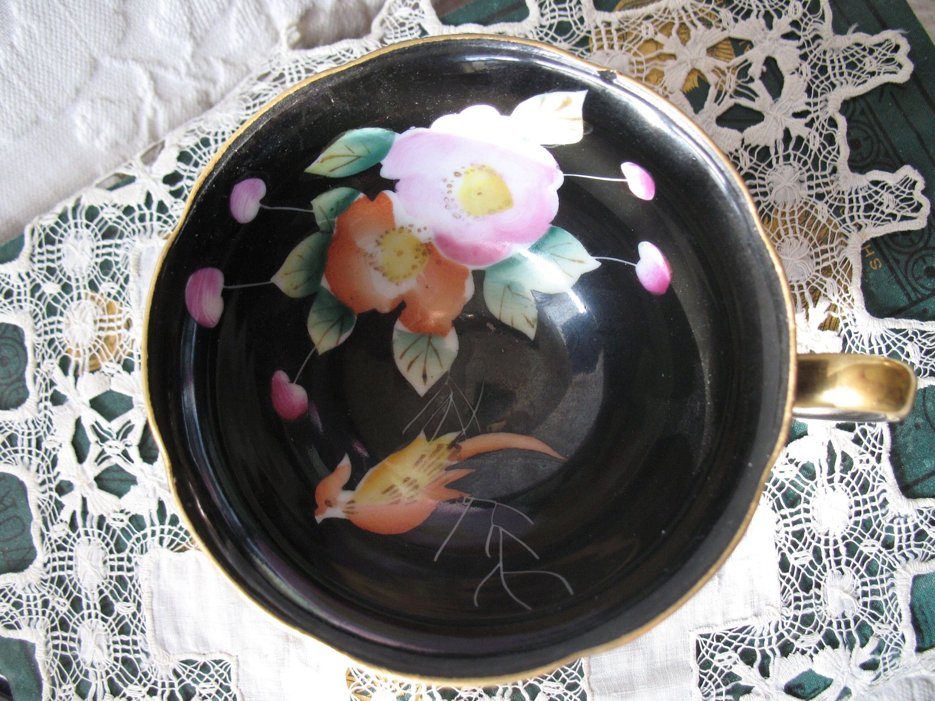 Vintage Tea Cup Black Floral Bird Motif  Made in Japan Tea Time Gift Cottage Shabby Chic  Downton Austen Steampunk Cosplay WhenRosesBloom