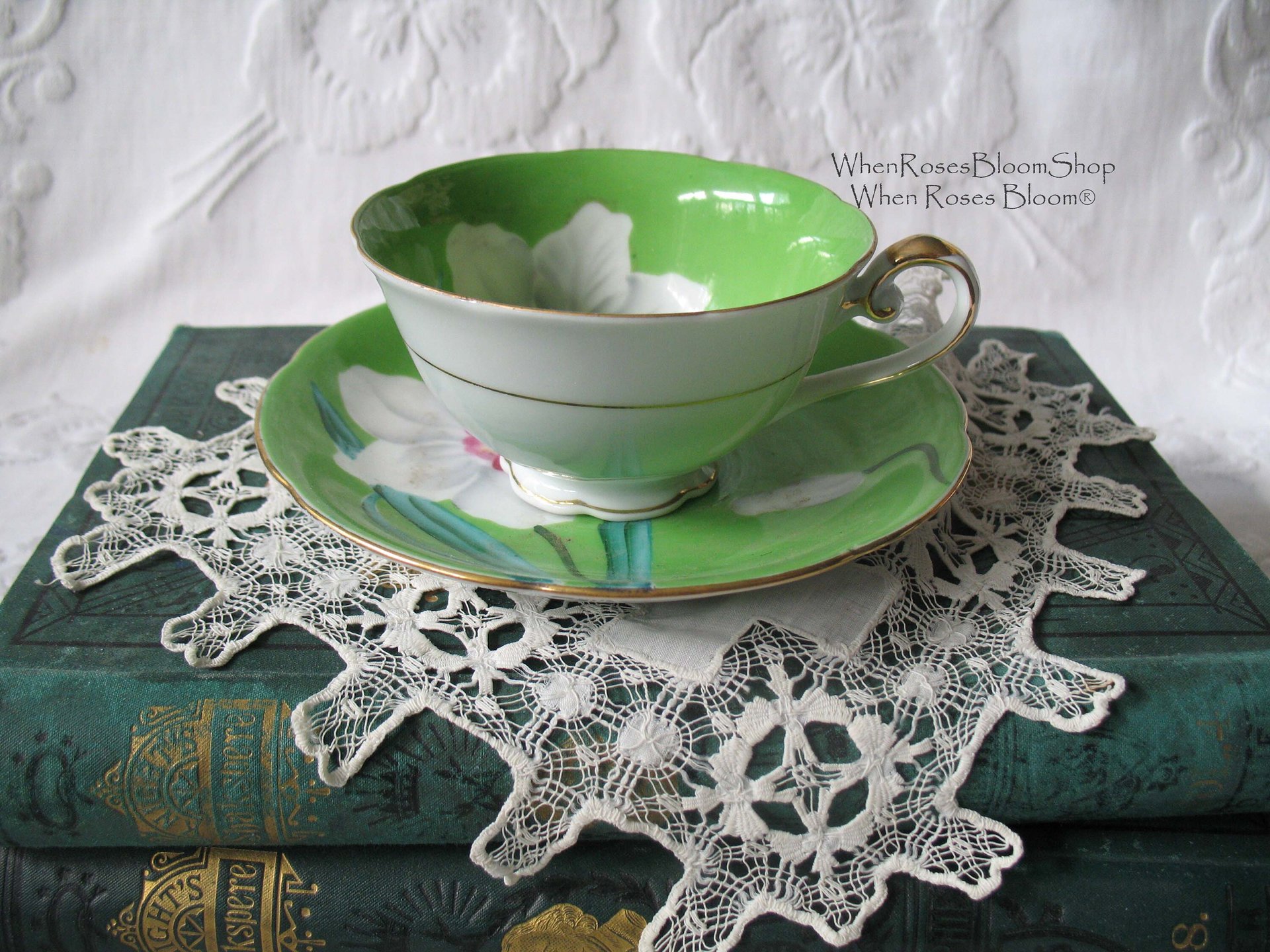 Vintage Footed Tea Cup Green White Floral Lily Japan Mid Century Modern Retro Tea Time Shabby Chic Cottage Farmhouse Tea Gift WhenRosesBloom