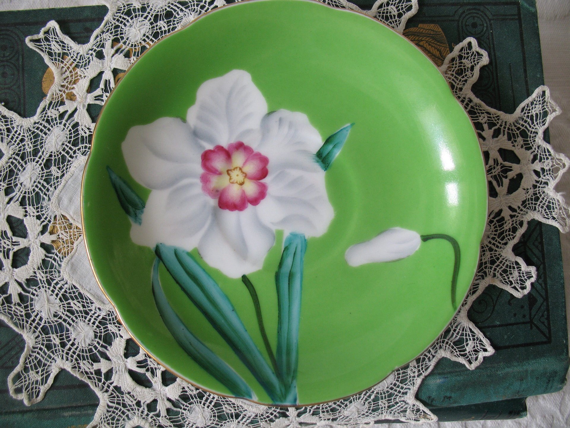 Vintage Footed Tea Cup Green White Floral Lily Japan Mid Century Modern Retro Tea Time Shabby Chic Cottage Farmhouse Tea Gift WhenRosesBloom