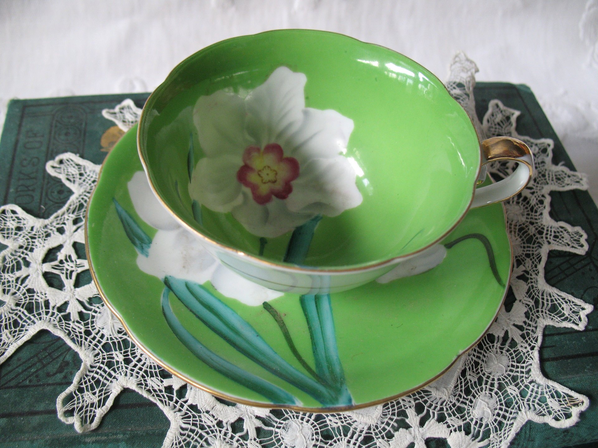 Vintage Footed Tea Cup Green White Floral Lily Japan Mid Century Modern Retro Tea Time Shabby Chic Cottage Farmhouse Tea Gift WhenRosesBloom
