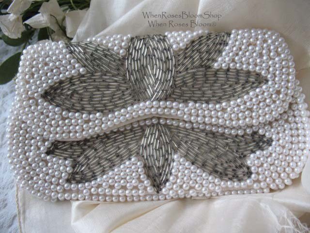 Vintage White Beaded Purse Evening Bag Mid Century Retro Classic Glamour Wedding Dance Cocktail Party Clutch Purse  WhenRosesBloom