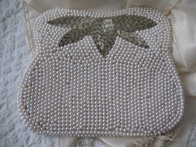 Vintage White Beaded Purse Evening Bag Mid Century Retro Classic Glamour Wedding Dance Cocktail Party Clutch Purse  WhenRosesBloom