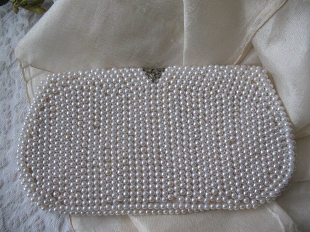 Vintage White Beaded Purse Evening Bag Mid Century Retro Classic Glamour Wedding Dance Cocktail Party Clutch Purse  WhenRosesBloom