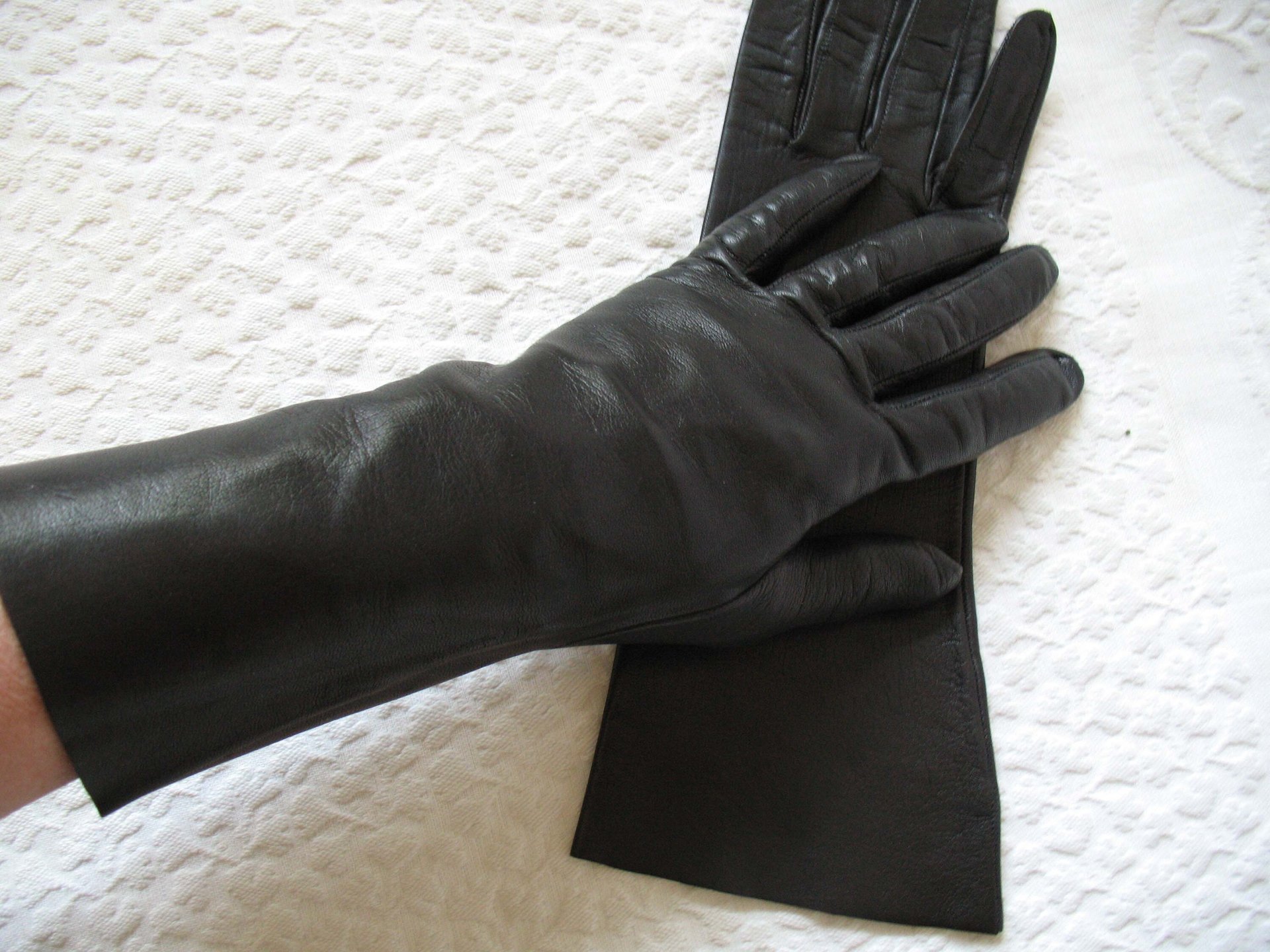 Vintage Gloves Black Kid Leather Matinee Mid Century Style NOS Lg Size Downton Miss Fisher Steampunk Cosplay Free  Ship USA   WhenRosesBloom