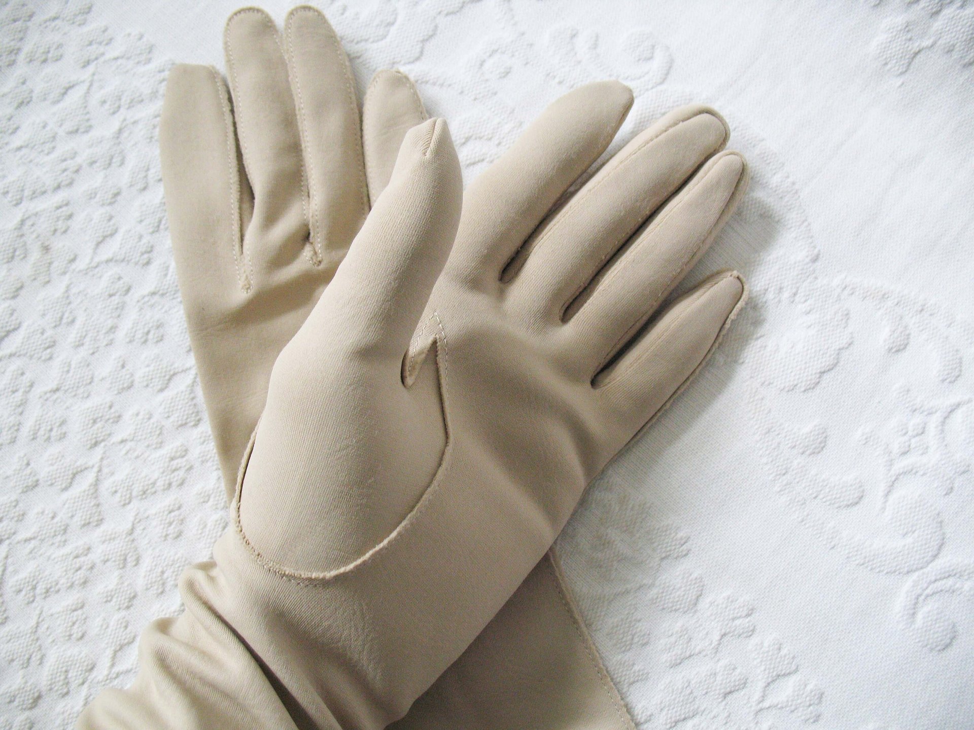 Vintage Gloves Beige Vegan Fabric Sz 6 1/2 Matinee Length Elegant Classic Mid Century Mod  Cocktail Party Style  Free Ship US WhenRosesBloom