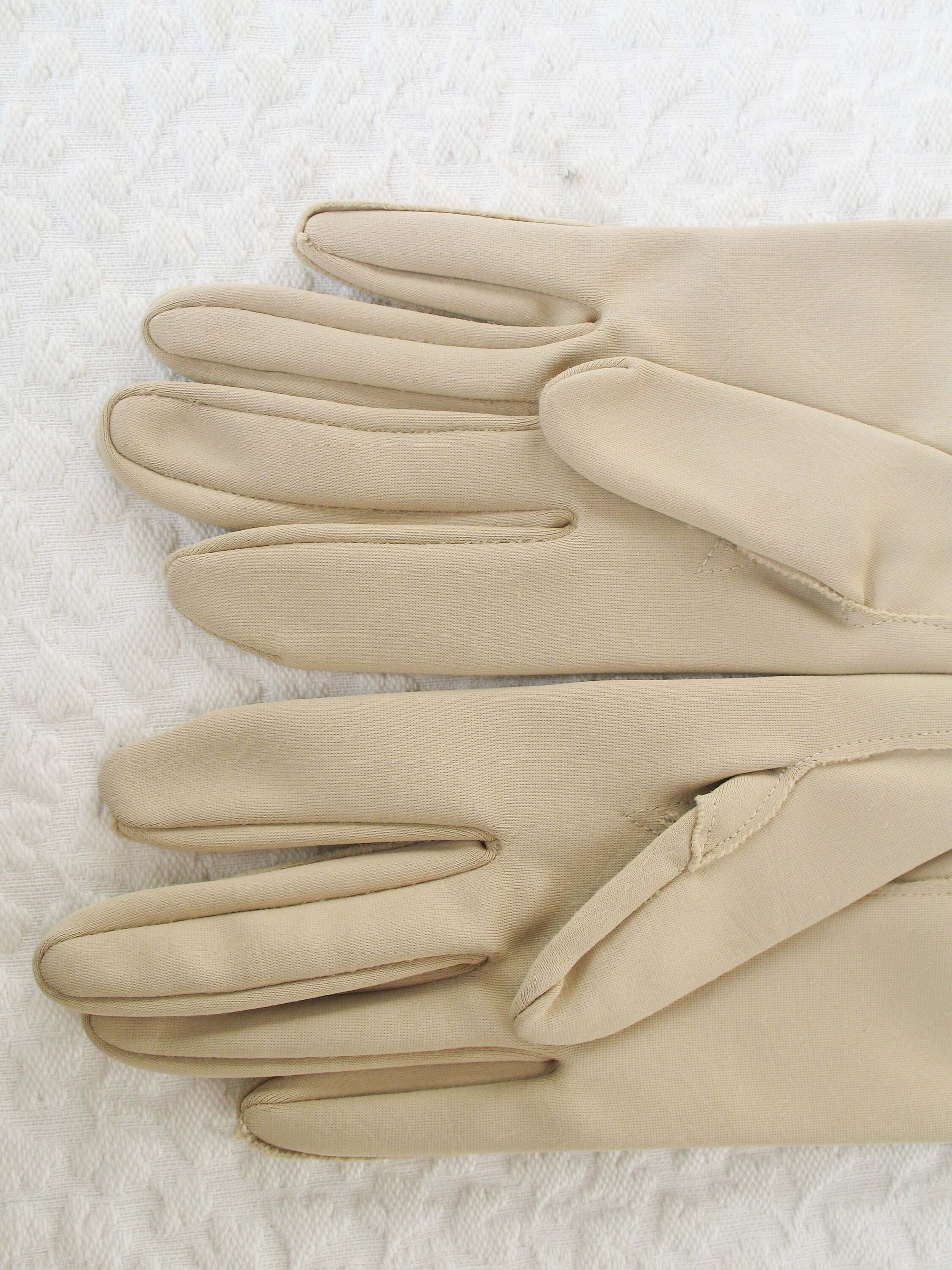 Vintage Gloves Beige Vegan Fabric Sz 6 1/2 Matinee Length Elegant Classic Mid Century Mod  Cocktail Party Style  Free Ship US WhenRosesBloom