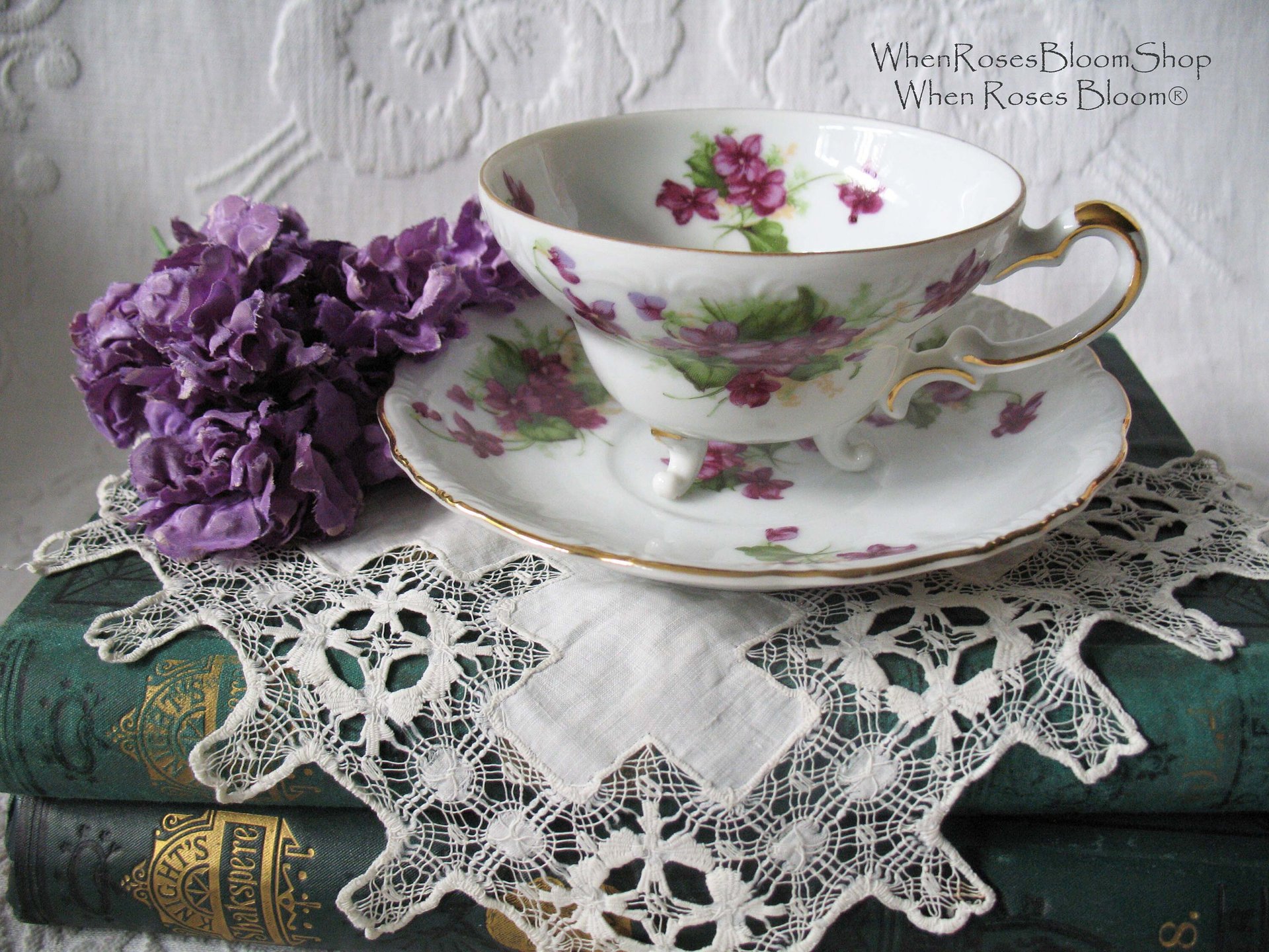 Vintage Footed Tea Cup Violets Japan Lefton Mid Century Retro Tea Time Birthday Gift Cottage Farmhouse Shabby Chic Style WhenRosesBloom