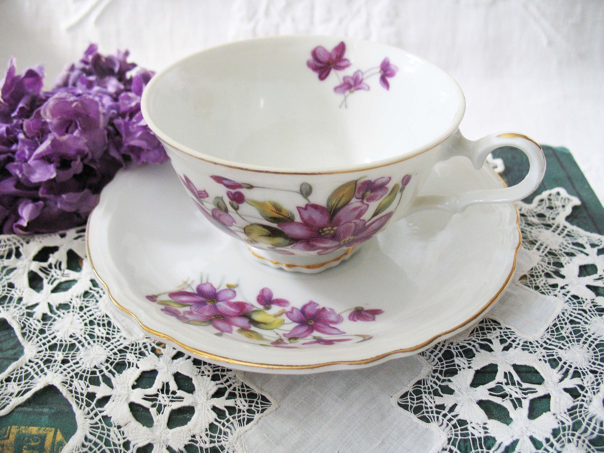Tea Cup Footed Purple Violets Made in Japan Vintage Retro TeaTime Dainty Teacup Gift Mid Century  Shabby Chic Cottage WhenRosesBloom