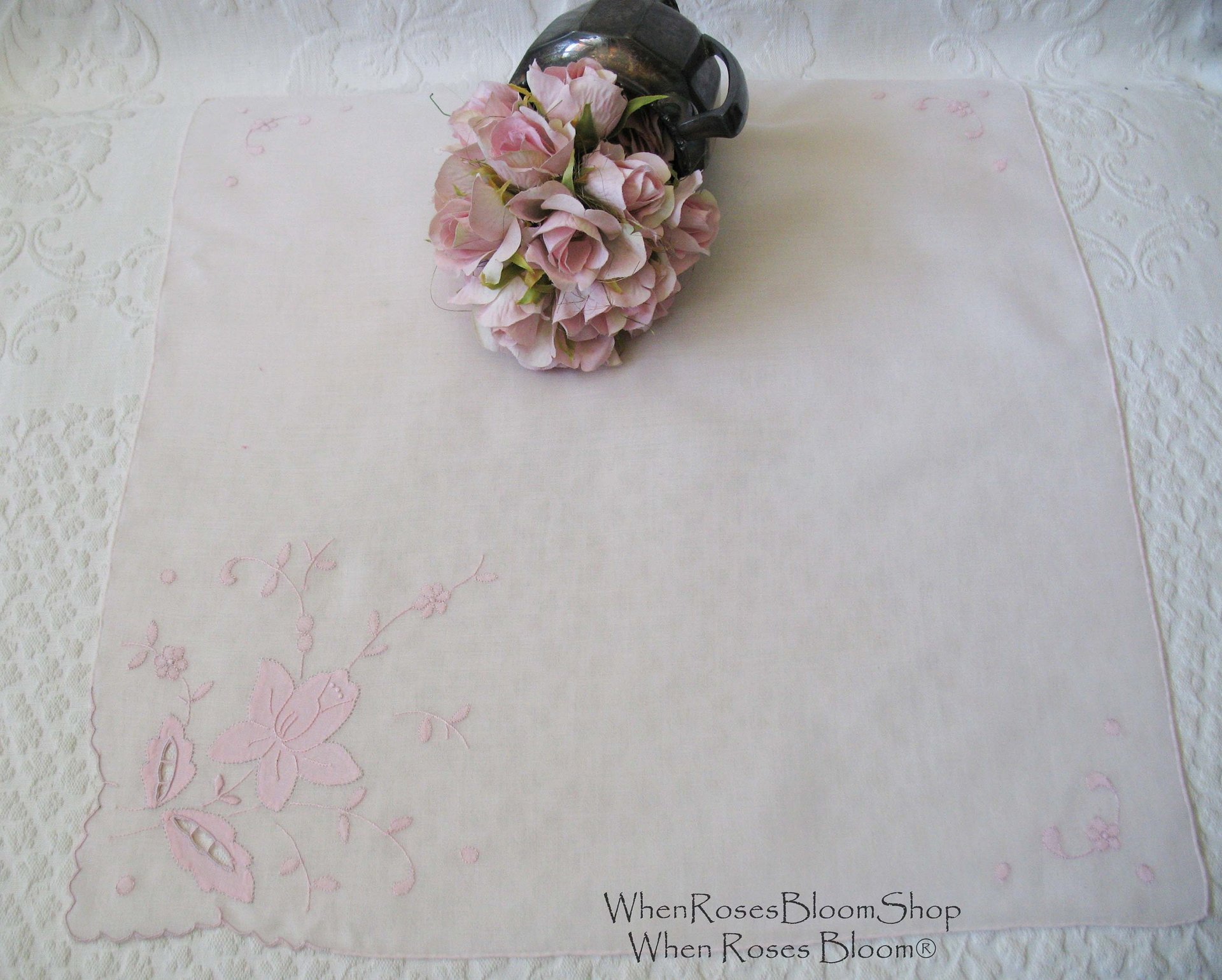 Vintage Pink Hanky Madeira Floral Wedding Keepsake Remembrance Heirloom Embroidery Applique Linen Free Ship  US  WhenRosesBloom