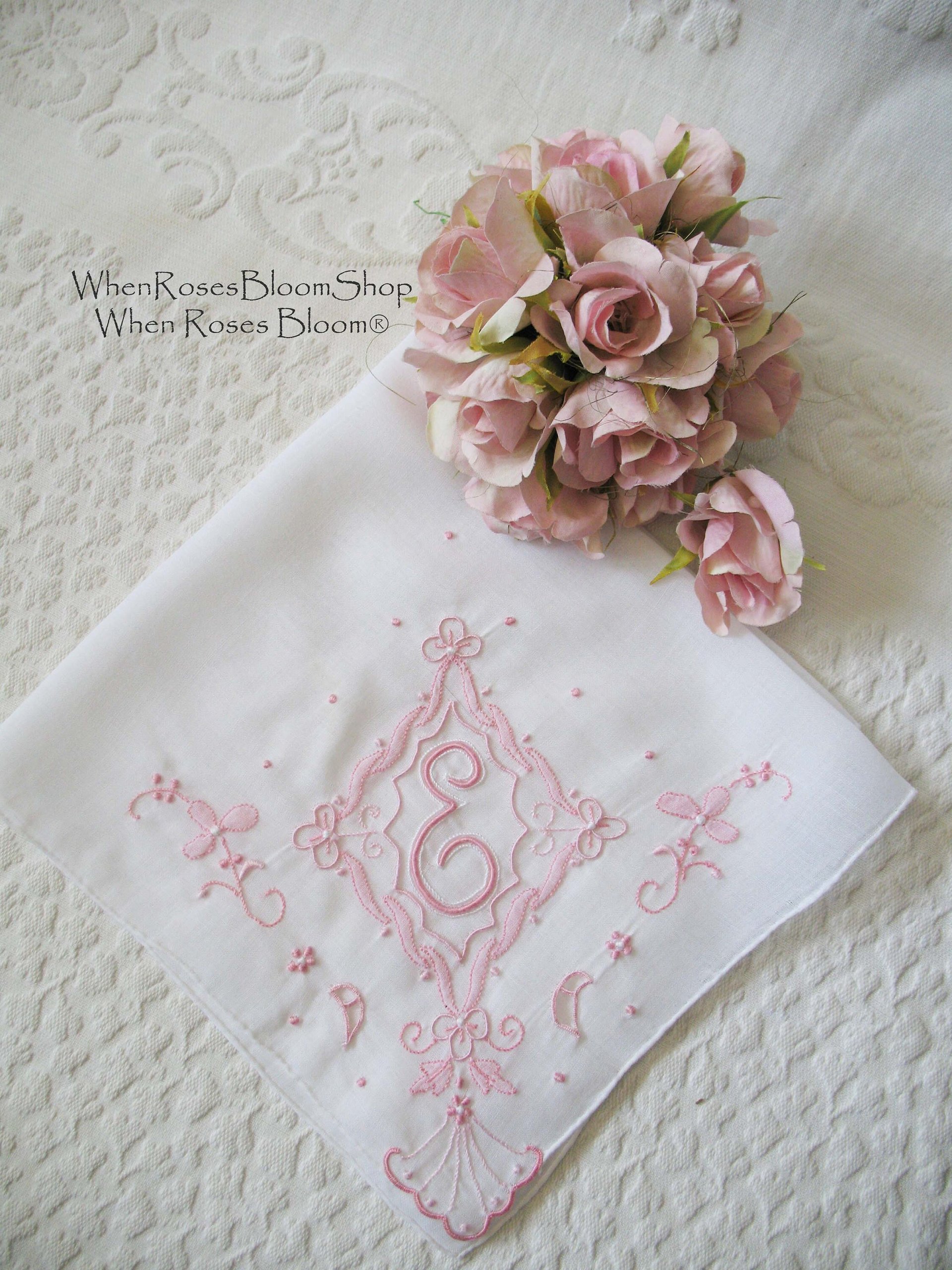 Vintage Madeira Hanky E Initial Monogram Pink Embroidery Wedding Keepsake Gift Handkerchief Remembrance Heirloom FREE SHIP US WhenRosesBloom