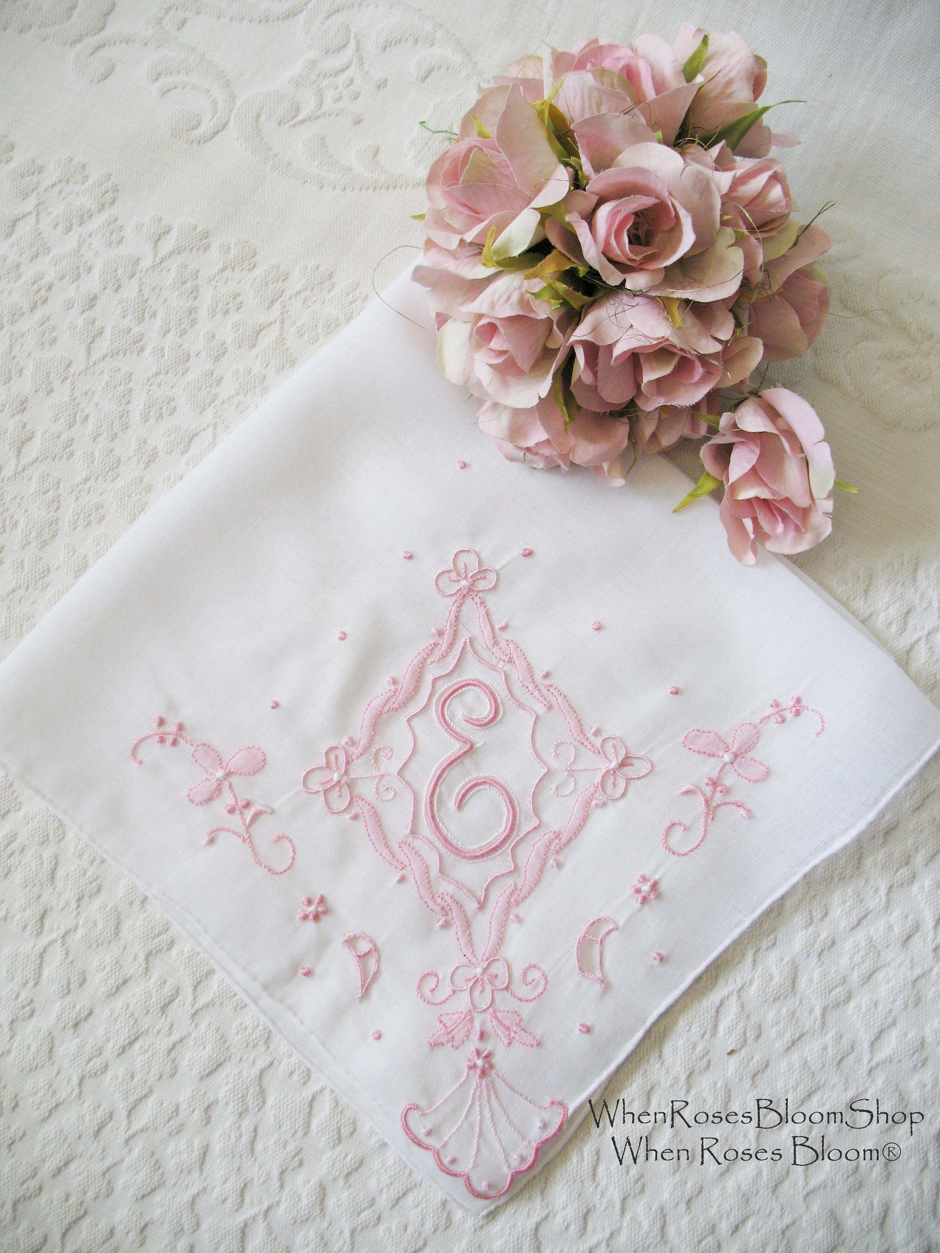 Vintage Madeira Hanky E Initial Monogram Pink Embroidery Wedding Keepsake Gift Handkerchief Remembrance Heirloom FREE SHIP US WhenRosesBloom
