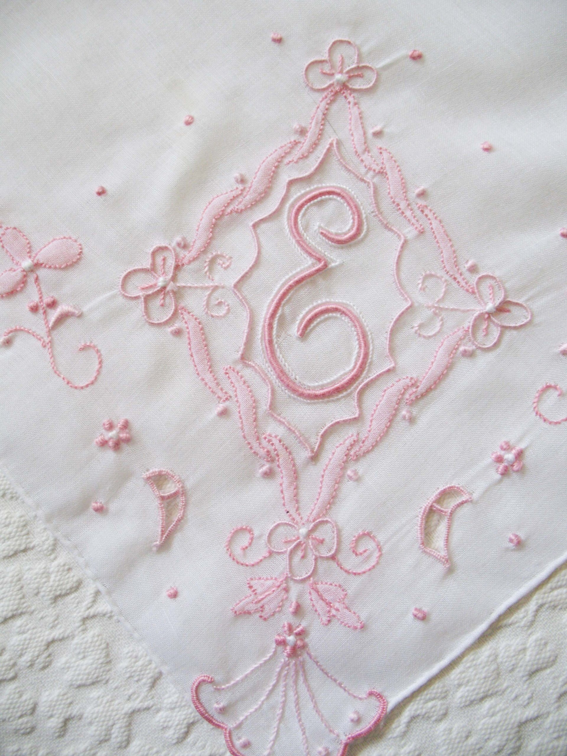 Vintage Madeira Hanky E Initial Monogram Pink Embroidery Wedding Keepsake Gift Handkerchief Remembrance Heirloom FREE SHIP US WhenRosesBloom