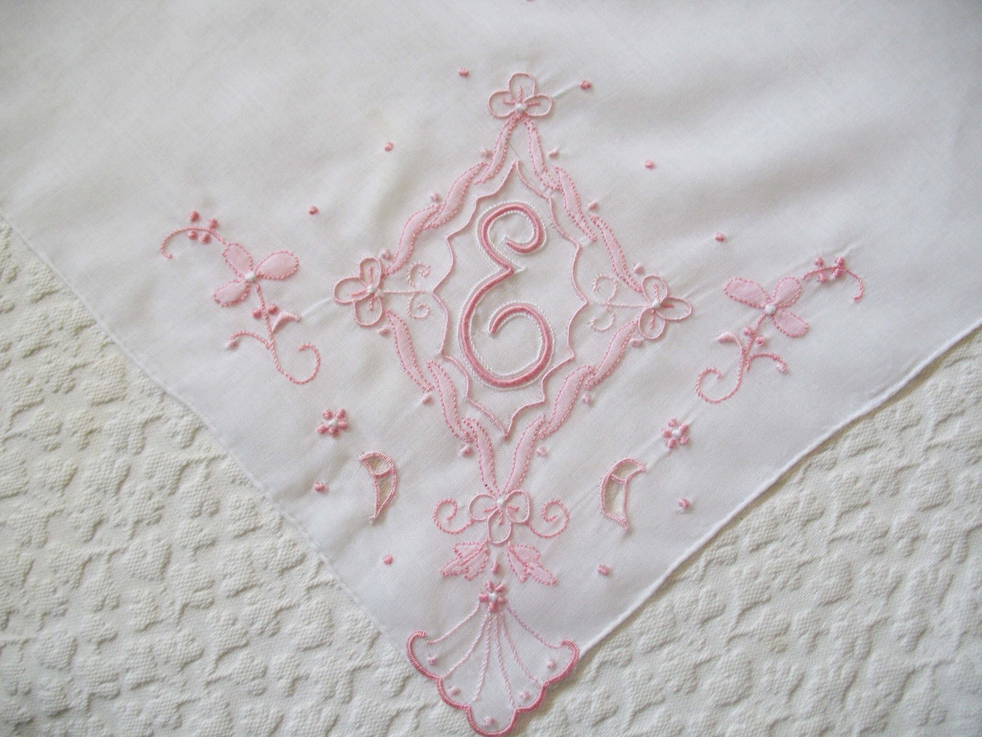 Vintage Madeira Hanky E Initial Monogram Pink Embroidery Wedding Keepsake Gift Handkerchief Remembrance Heirloom FREE SHIP US WhenRosesBloom
