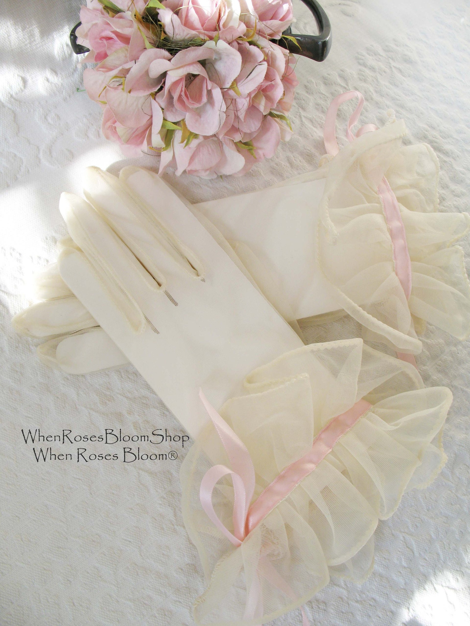 Vintage Gloves Sheer White Ruffles Pink Retro Mid Century Wedding Tea Dance Party NOS Mid Century Cosplay  Free Ship  US When Roses Bloom