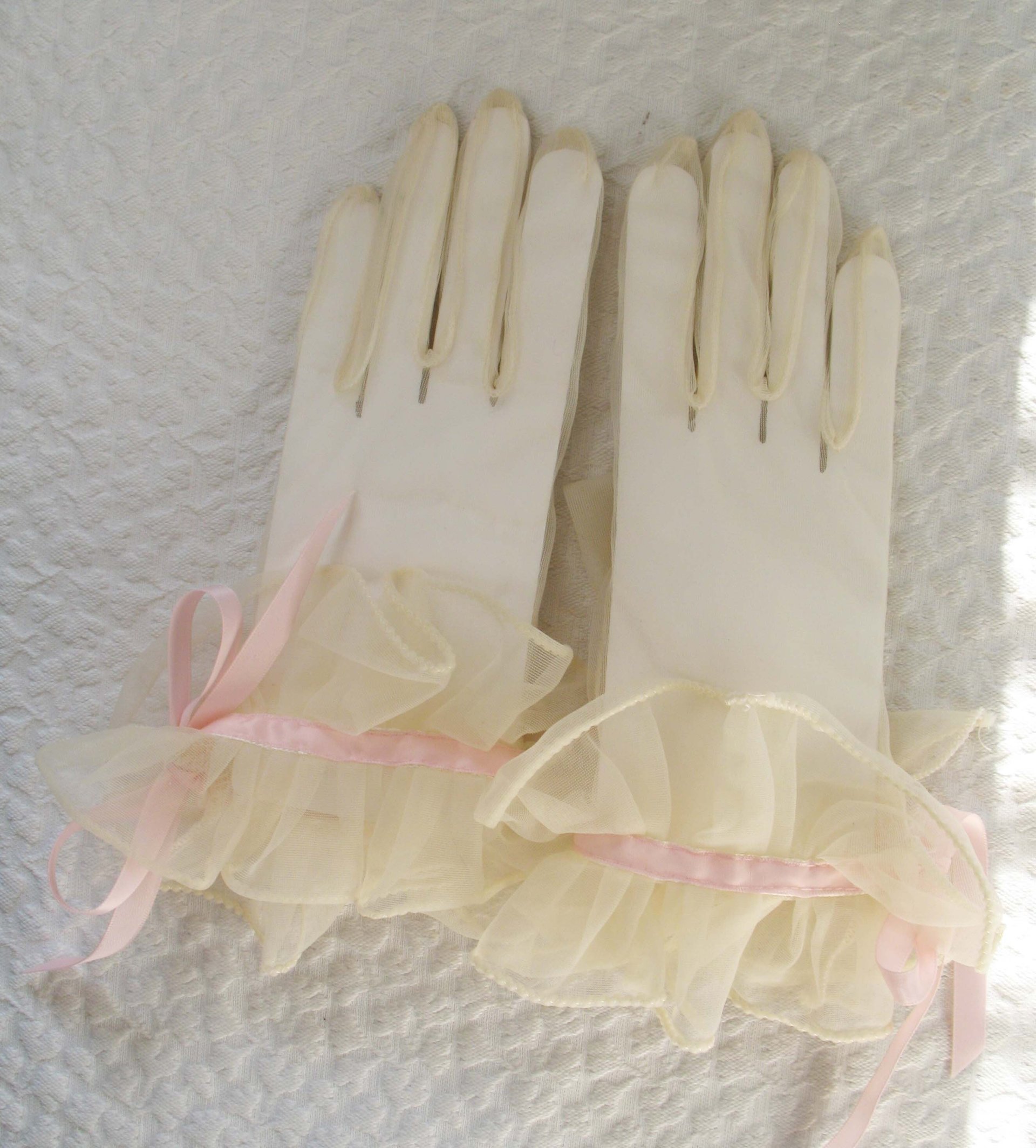 Vintage Gloves Sheer White Ruffles Pink Retro Mid Century Wedding Tea Dance Party NOS Mid Century Cosplay  Free Ship  US When Roses Bloom