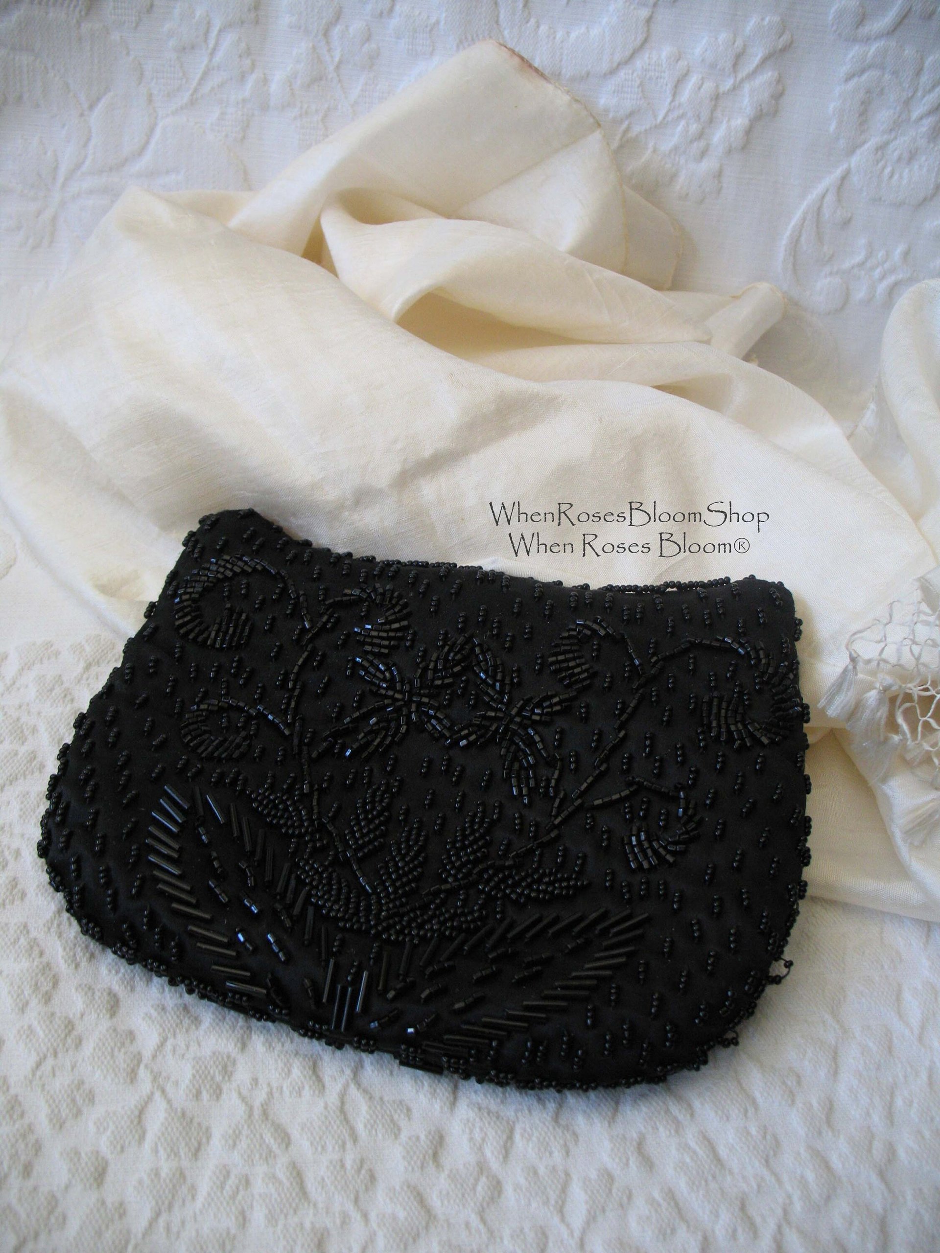 Black Beaded Purse Evening Bag Vintage Art Deco Retro Cocktail Party Classic Style Glamour Dance Steampunk Cosplay WhenRosesBloom