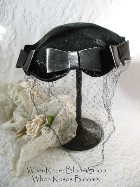 Vintage Black Hat with bows  Harzfeld's 1950s Elegant  Juliet Cap Mid Century Tea Party Hollywood Glamour Steampunk WhenRosesBloom