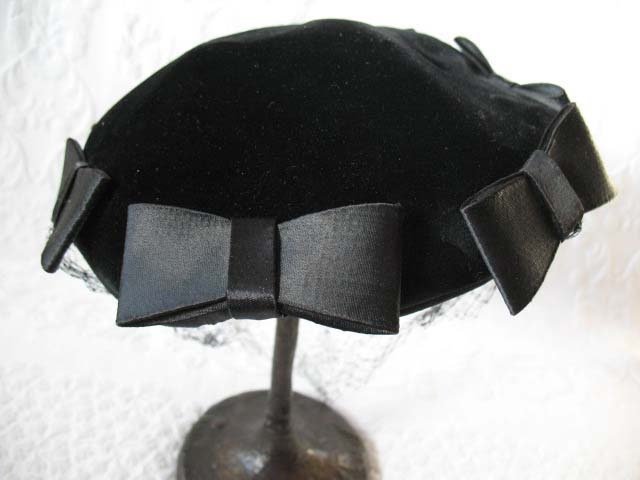 Vintage Black Hat with bows  Harzfeld's 1950s Elegant  Juliet Cap Mid Century Tea Party Hollywood Glamour Steampunk WhenRosesBloom