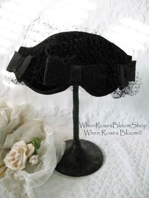 Vintage Black Hat with bows  Harzfeld's 1950s Elegant  Juliet Cap Mid Century Tea Party Hollywood Glamour Steampunk WhenRosesBloom