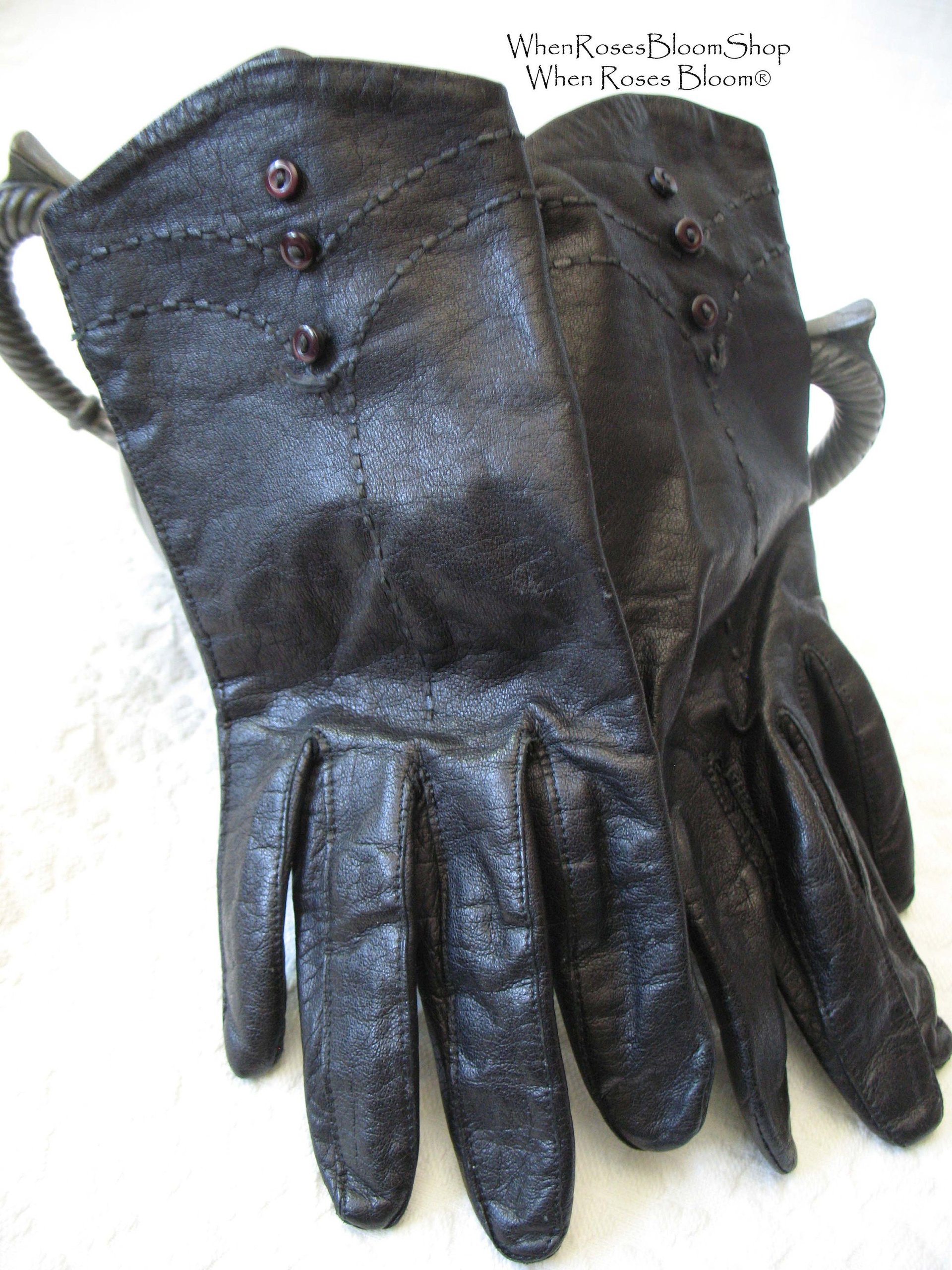 Vintage Gloves Black Leather Retro Mid Century Tea Party Elegant Steampunk Downton Miss Fisher Cosplay Free Ship in US When Roses Bloom