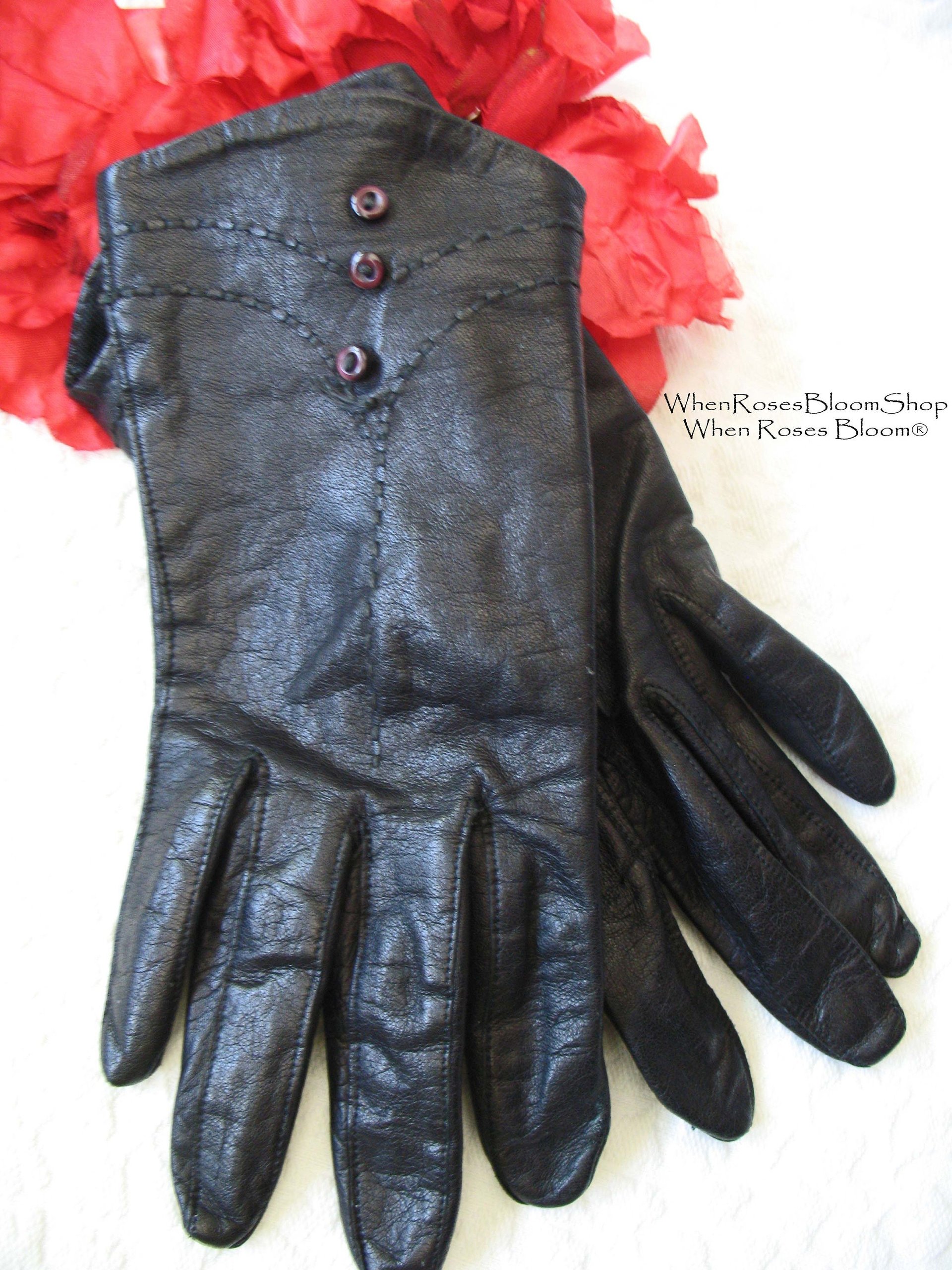 Vintage Gloves Black Leather Retro Mid Century Tea Party Elegant Steampunk Downton Miss Fisher Cosplay Free Ship in US When Roses Bloom