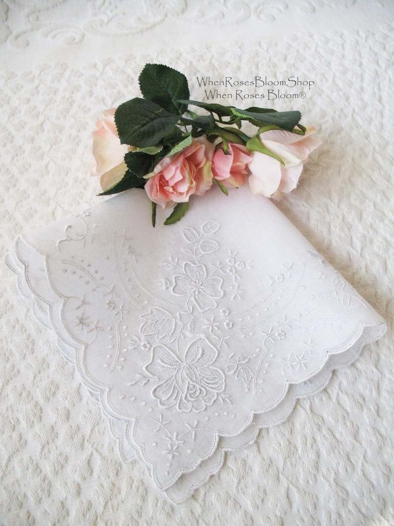 Vintage Madeira Hanky  Wedding Keepsake Mother of the Bride Remembrance Heirloom NOS Fancy Floral Embroidery  FREE Ship  US  WhenRosesBloom