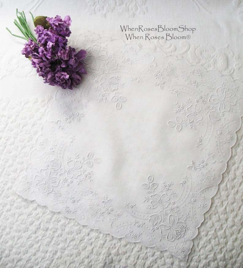 Vintage Madeira Hanky  Wedding Keepsake Mother of the Bride Remembrance Heirloom NOS Fancy Floral Embroidery  FREE Ship  US  WhenRosesBloom