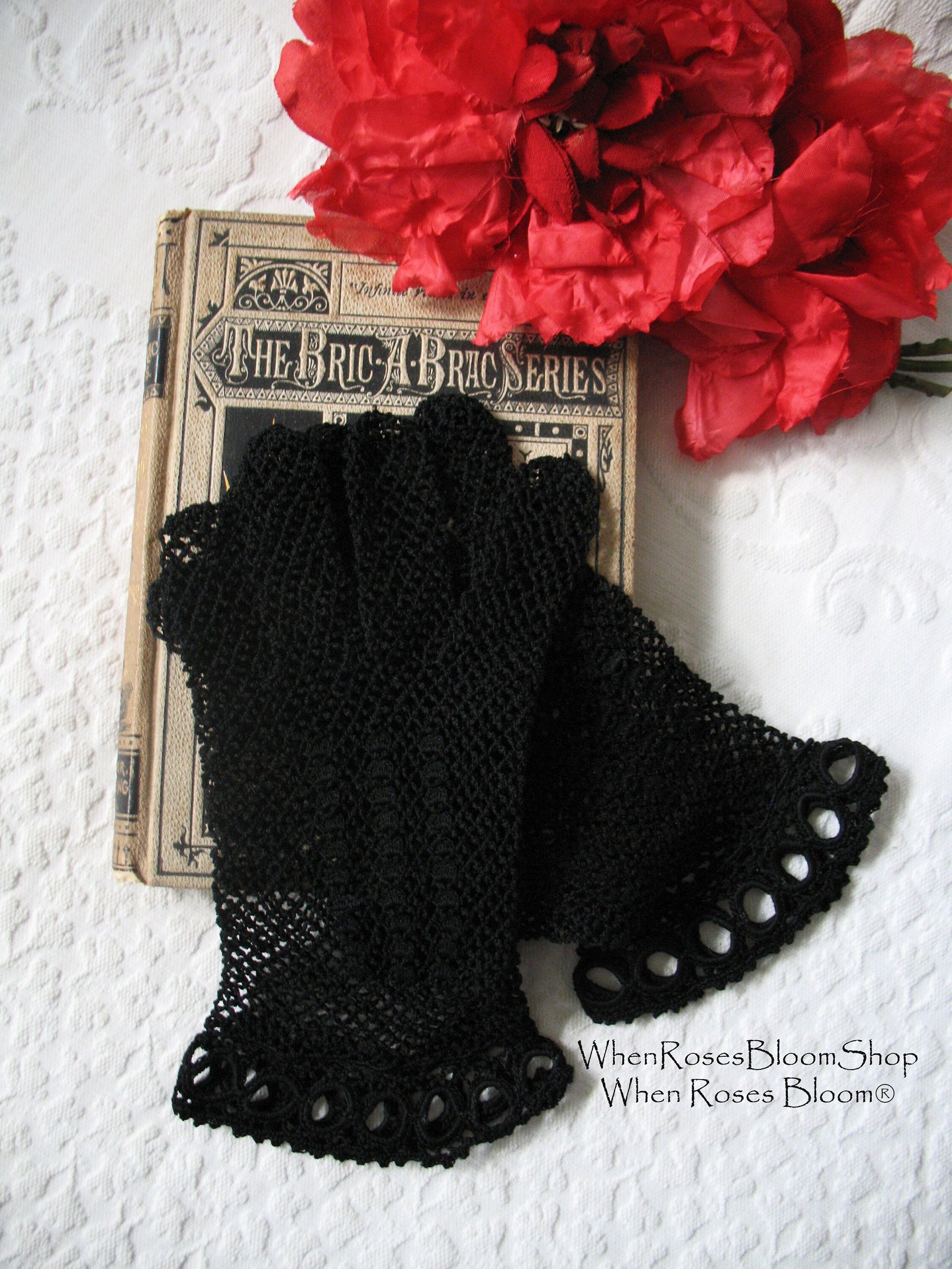 Vintage Black Crochet Lace Gloves Tea Party Elegant Steampunk Goth Victoria Downton Miss Fisher Cosplay  FREE SHIP US When Roses Bloom