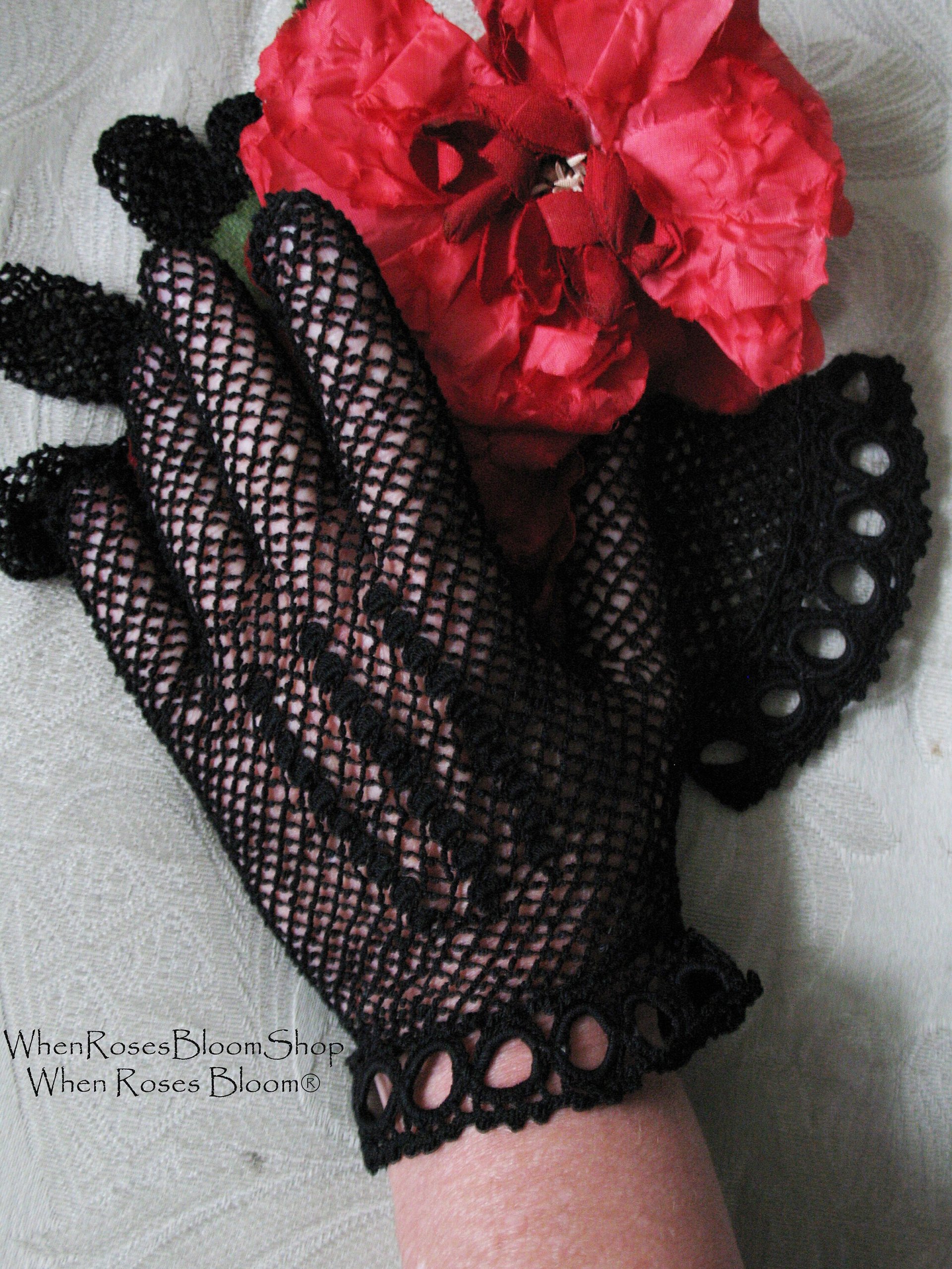 Vintage Black Crochet Lace Gloves Tea Party Elegant Steampunk Goth Victoria Downton Miss Fisher Cosplay  FREE SHIP US When Roses Bloom