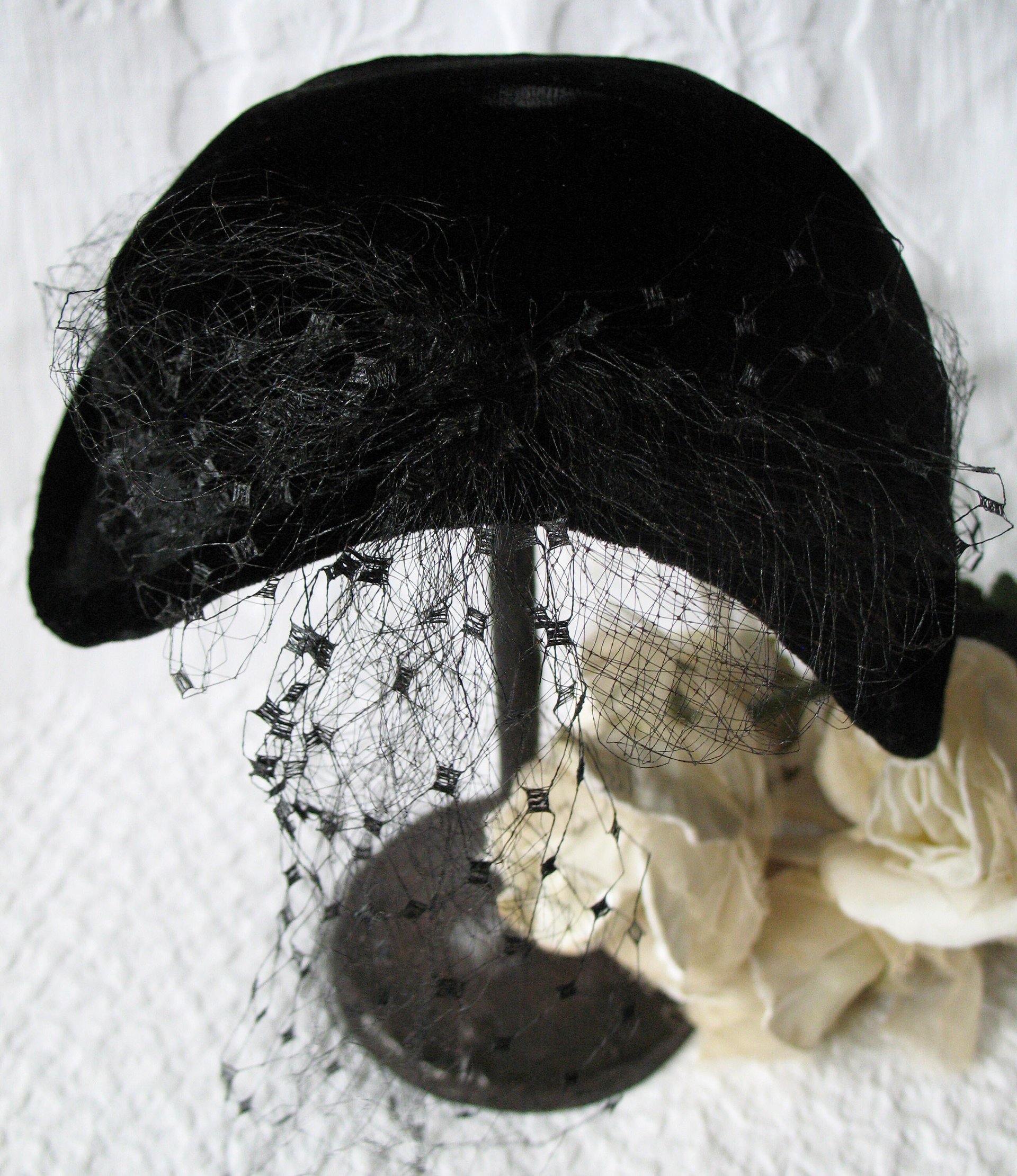 Black Velvet Hat 1950's Vintage Miss Fisher Downton Abbey Cosplay Mid Century Royal Style WhenRosesBloom