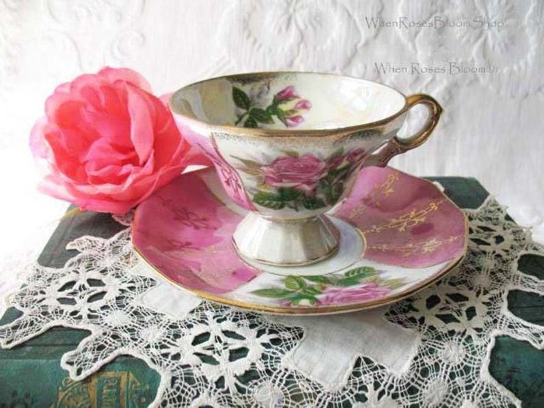 Vintage Footed Tea Cup Pink Roses Made Japan Mid Century Retro Elegant Tea Gift Victoria Downtown Tea Cottage Shabby Chic WhenRosesBloom