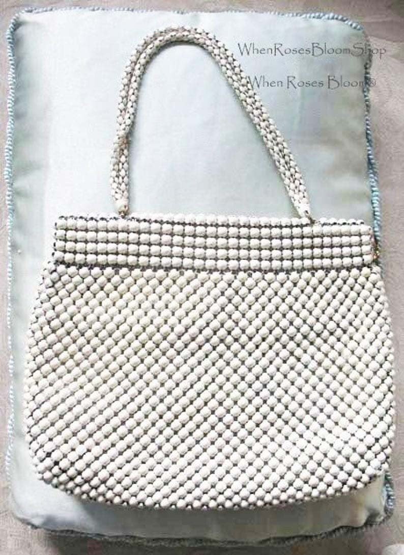 Vintage Whiting Davis Purse White Enamel Beaded 1960s Retro Wedding Evening Wear Classic Mod  Vintage Women's Accessories   WhenRosesBloom