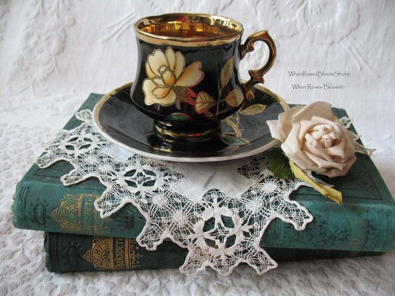 Vintage Tea Cup Black Yellow Rose Footed Japan Tea Gift Steampunk Cosplay Gentleman Tea  Victoria Downton Cottage Shabby Chic WhenRosesBloom
