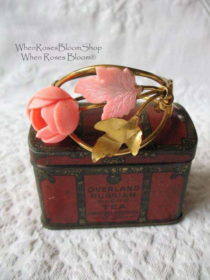 Vintage Bracelet Mid Century Floral Jewelry Bangle Peach Pink  Rose Gold Tone Metal & Plastic Classic Romantic Rose Floral  WhenRosesBloom