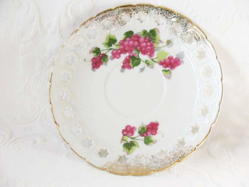 Vintage Footed Teacup Red Pink Berries Japan Mid Century TeaTime Gift Victoria Downton Abbey Cottage Shabby Chic Tea WhenRosesBloom