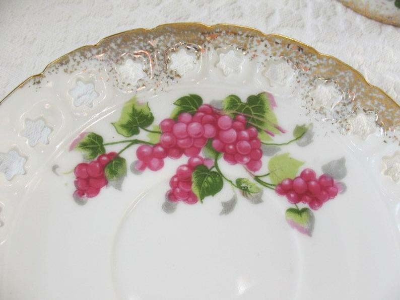 Vintage Footed Teacup Red Pink Berries Japan Mid Century TeaTime Gift Victoria Downton Abbey Cottage Shabby Chic Tea WhenRosesBloom