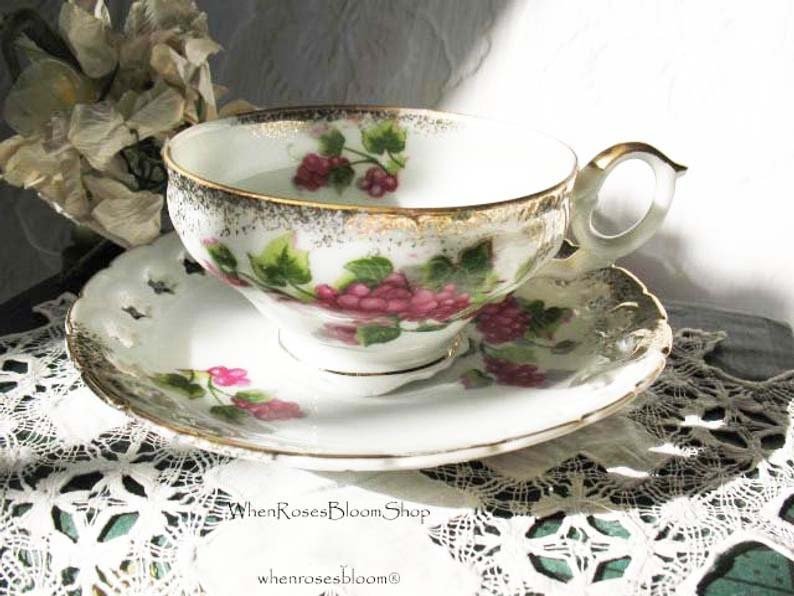 Vintage Footed Teacup Red Pink Berries Japan Mid Century TeaTime Gift Victoria Downton Abbey Cottage Shabby Chic Tea WhenRosesBloom